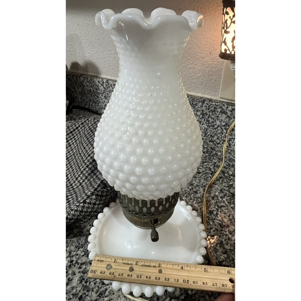 Vintage Fenton Milk Glass Hobnail Hurricane Table Lamp- Tested and Working-11”